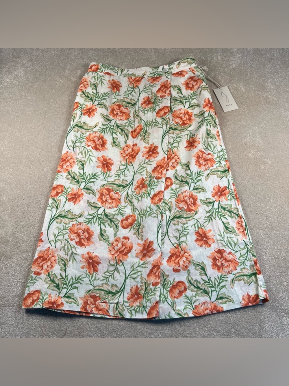 Joie Linen Skirt Floral Cream Peach Midi Cross Front Stretch Back Women's Large